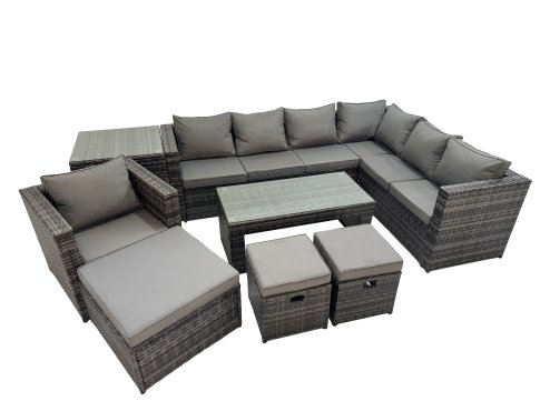 Fimous Outdoor Rattan Oblong Coffee Table Corner Sofa Sets Garden Furniture Set with Chair 3 Stool Side Table Dark Grey Mixed