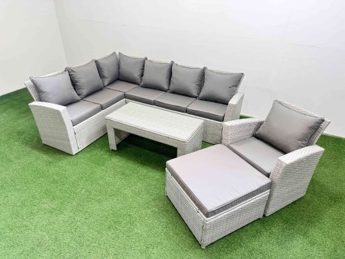 Fimous Rattan Garden Furniture Set Outdoor 8 Seater Corner Sofa Sets with Oblong Coffee Table Chair Big Footstool Light Grey Mixed