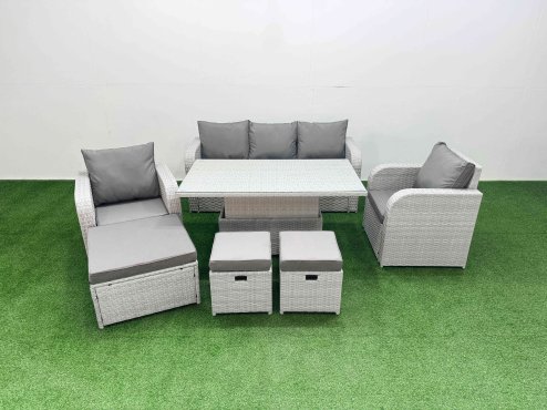 Fimous PE Rattan Garden Furniture Set Reclining Chair Sofa Lounge Sofa Set Adjustable Lifting Dining or Coffee Table 3 Stools Light Grey