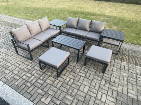 Fimous Aluminium Patio Outdoor Garden Furniture Lounge Sofa Set with Oblong Coffee Table 2 Big Footstools 2 Side Tables Dark Grey