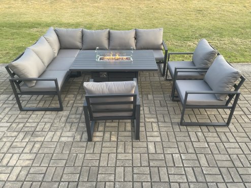 Fimous Aluminium Outdoor Garden Furniture Corner Sofa Gas Fire Pit Dining Table Sets Gas Heater Burner with 3 Chairs Dark Grey 9 Seater