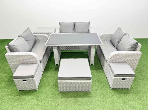 Fimous 9 Seater Patio Garden Furniture Sets with Black Glass Top Dining Table Love Sofa Side Table 3 Stool Light Grey