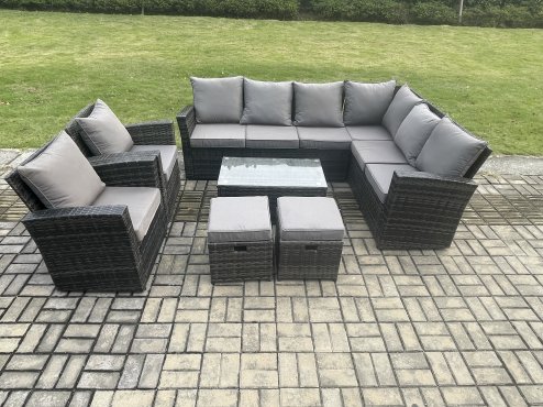 Fimous 10 Seater High Back Outdoor Garden Furniture Set Rattan Corner Sofa Set With Rectangular Coffee Table 2 Small Footstools Armchairs Dark Grey Mixed