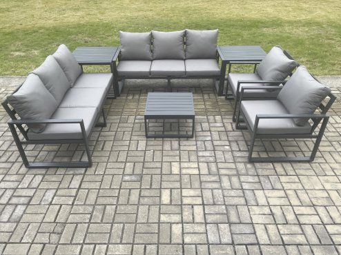Fimous Aluminium Outdoor Lounge Sofa Set Garden Furniture Sets with Square Coffee Table 2 Chairs 2 Side Tables Dark Grey 8 Seater