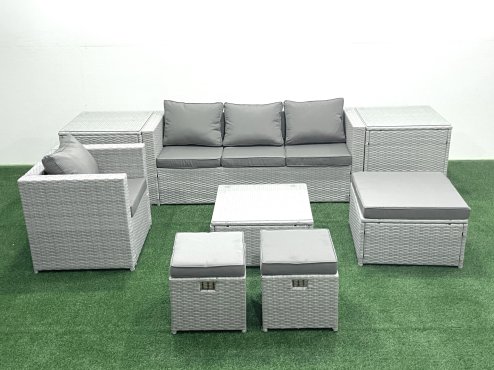 Fimous Garden Outdoor Furniture Set 7 Seater Rattan Sofa Set with 3 Footstools Armchair 2 Side Tables Light Grey Mixed