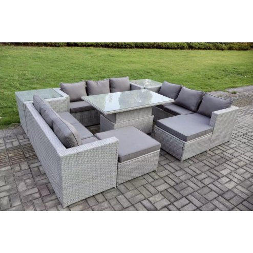 Fimous 11 Seater PE Rattan Garden Funiture Set Outdoor Height Adjustable Rising Lifting Table Sofa Dining Set with 2 Side Tables 2 Big Footstools