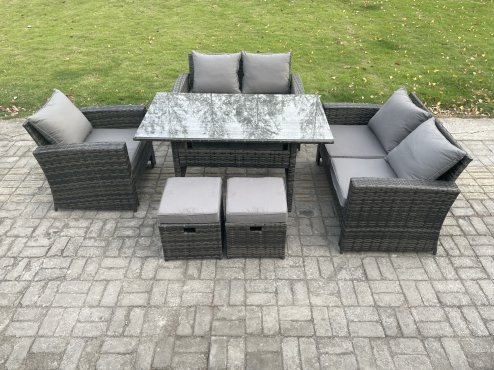 Fimous Wicker Rattan Garden Dining Set Outdoor Furniture Sofa with Dining Table Double Seat Sofa 2 Small Footstools Dark Grey Mixed