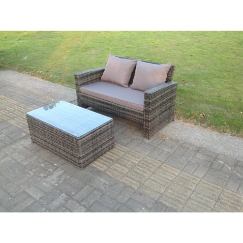 Dark Mixed Grey High Back Rattan Garden Furniture 2 Seater Love Seat Sofa With Oblong Coffee Table