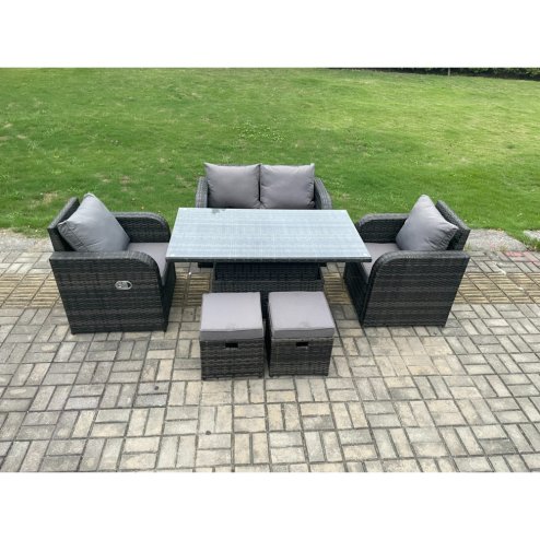 Fimous Wicker PE Rattan Furniture Garden Dining Set Outdoor Patio Height Adjustable Rising lifting Table Love Sofa With Reclining Chair 2 Small Footstools