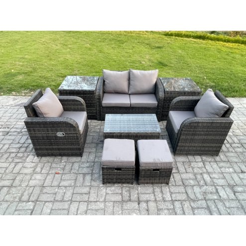 Fimous Outdoor Lounge Sofa Set 6 Seater Rattan Garden Furniture Set with Rectangular Coffee Table 2 Small Footstools 2 Side Tables Dark Grey Mixed