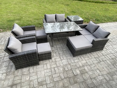Fimous Garden Furniture Sets 9 Pieces Rattan Furniture Handmade Wicker Patio Sofa Set with 3 Footstools Side Table Dark Grey Mixed