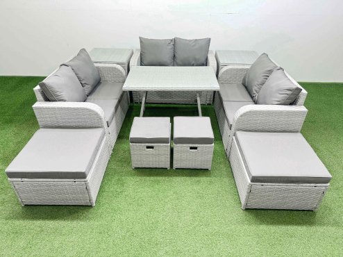 Fimous 10 Seater Patio Garden Furniture Sets with Dining Table Love Sofa 2 Side Tables 4 Stools Light Grey
