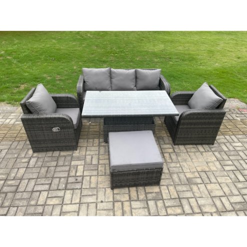 Fimous 6 Seater Rattan Outdoor Garden Furniture Sets Height Adjustable Rising lifting Dining Table Lounge Sofa Set With Big Footstool Dark Grey Mixed