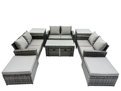 Fimous Outdoor Love Sofa Set 10 Seat Rattan Garden Furniture Set with Oblong Coffee Table 4 Stools 2 Side Table Dark Grey Mixed