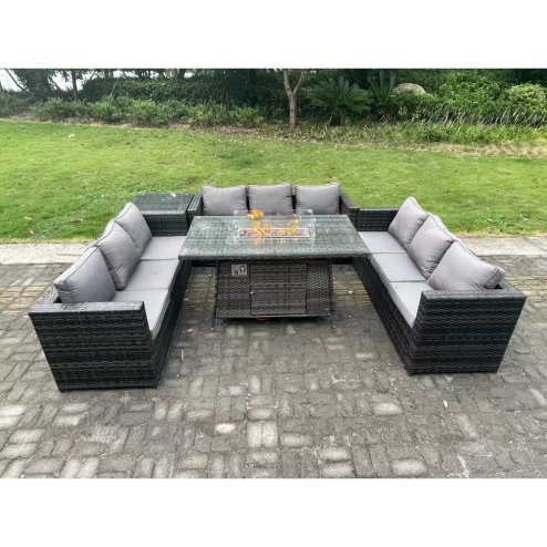 Fimous 9 Seater Rattan Garden Furniture Sofa Set Outdoor Patio Gas Fire Pit Dining Table Gas Heater Burner With Side Table Dark Grey Mixed