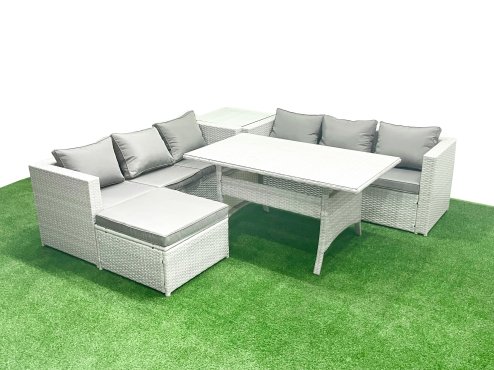 Fimous Rattan Garden Furniture Set 7 Seater Outdoor Sofa Set with Dining Table Side Table Big Footstool Light Grey Mixed