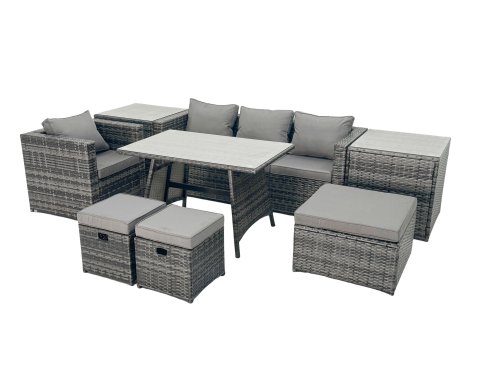 Fimous Rattan Dining Table Sofa Armchair Set with 2 Side Tables 3 Footstools Outdoor Garden Furniture Set Dark Grey Mixed