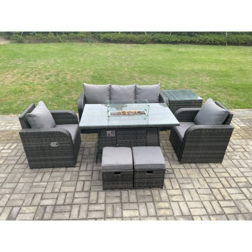 Fimous Outdoor Rattan Garden Furniture Set Propane Gas Fire Pit Table Burner with Lounge Sofa Side Tables 2 Small Footstool