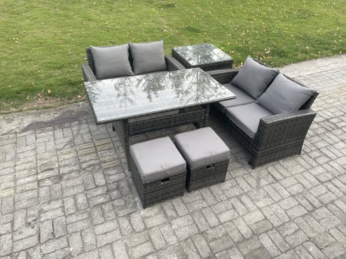Fimous PE Wicker Rattan Garden Furniture Set Love Sofa Outdoor Rectangular Dining Table 2 Small Footstool Side Table Dark Grey Mixed