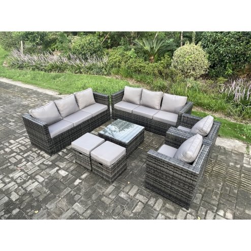 Fimous 10 Seater Rattan Garden Furniture Sofa Set with 2 Armchairs Square Coffee Table 2 Small Footstools Indoor Side Table Outdoor Rattan Set Dark Grey Mixed