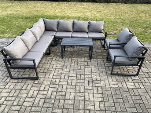 Fimous Aluminium Patio Outdoor Garden Furniture Lounge Corner Sofa Set with Oblong Coffee Table 2 Chairs Dark Grey