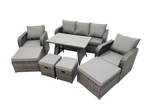 Fimous Garden Rattan Outdoor Furniture Set 9 Seater with 3 Seater Sofa 2 Big Stool 2 Small Stools Dark Grey