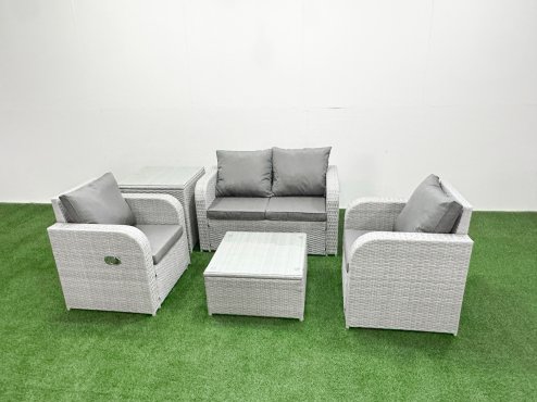 Fimous Light Grey PE Wicker Rattan Garden Furniture Set Sofa Set Reclining Adjustable Chair Square Coffee Table 4 Seater With Side Table Image