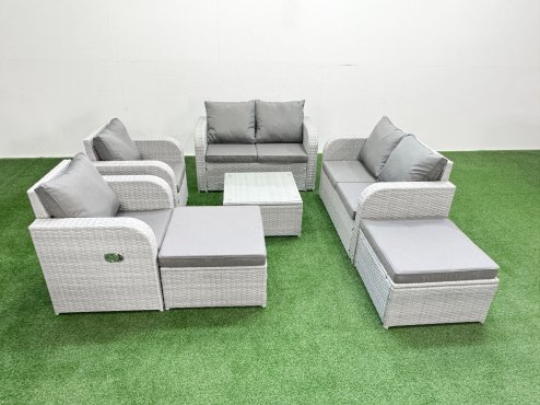Fimous 8 Seater Outdoor Reclining Chair Love Sofa Set Rattan Garden Furniture Set with Square Coffee Table 2 Big FootStools Light Grey