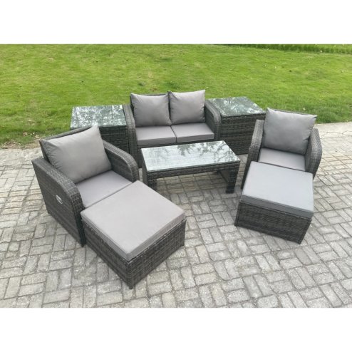 Fimous Wicker PE Rattan Garden Furniture Set Outdoor Lounge Sofa Set with Reclining Chair Coffee Table 2 Side Tables 2 Big Footstool Dark Grey Mixed