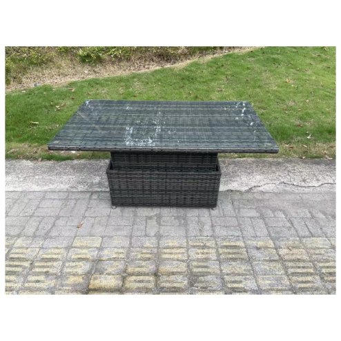 Fimous Outdoor Rattan Furniture Garden Dining Set Height Adjustable Rising lifting Table With 3 PC Love Sofa Side Table