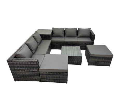 Fimous 8 Seater Garden Outdoor Rattan Furniture Set Patio Corner Sofa Coffee Table with 2 Big Stools Dark Grey