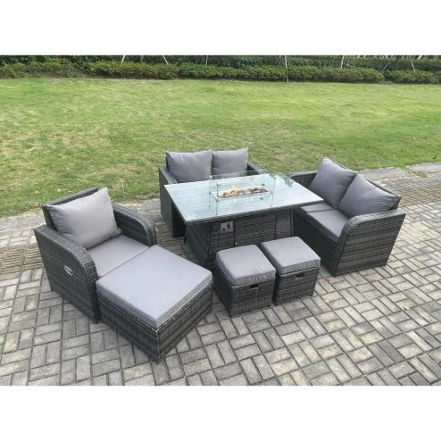 Fimous Outdoor Sofa Rattan Garden Furniture Set Patio Gas Fire Pit Dining Table and Reclining Chair set with 3 Footstools Dark Grey Mixed