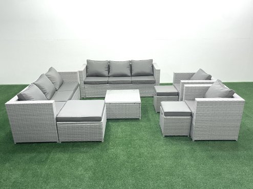 Fimous Outdoor Rattan Sofa Garden Furniture Set with 2 Armchairs Square Coffee Table 3 Footstools Light Grey Mixed