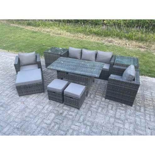 Fimous Outdoor Garden Furniture Set Patio Rattan Rectangular Dining Table Lounge Sofa Chair with 2 Side Table Big Footstool 2 Small Stools 8 Seater Dark Grey Mixed