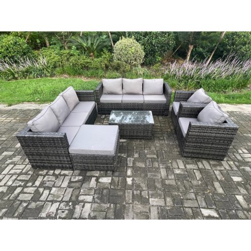 Fimous Outdoor Lounge Sofa Set Wicker PE Rattan Garden Furniture Set with 2 Armchair Oblong Coffee Table Big Footstool Dark Grey Mixed