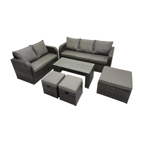 Fimous Rattan Garden Outdoor Furniture Set 3 Seater Sofa Love Sofa Coffee Table with 3 Footstools Dark Grey Mixed