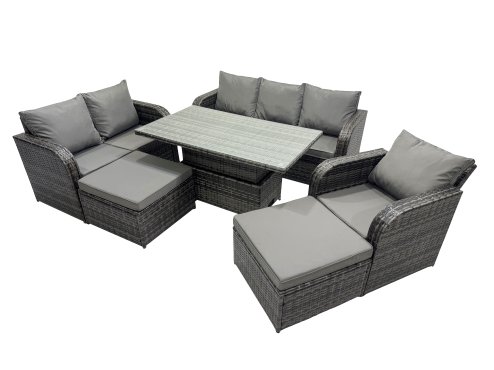 Fimous Rattan Garden Furniture Dining Set 8-seater Patio Height Adjustable Rising Lifting Table Sofa Set with 2 Big Footstool Dark Grey Mixed