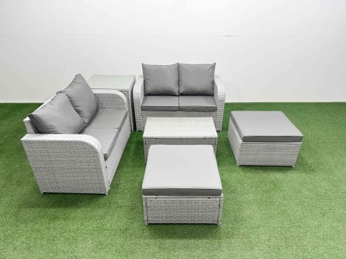 Fimous 6 Seater Outdoor Love Sofa Set Rattan Garden Furniture Set with Rectangular Coffee Table 2 Footstool Side Table Light Grey