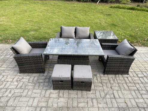 Fimous Outdoor Garden Dining Sets 6 Seater Rattan Patio Furniture Sofa Set with Rising Lifting Table Side Table 2 Small Footstools Dark Grey Mixed