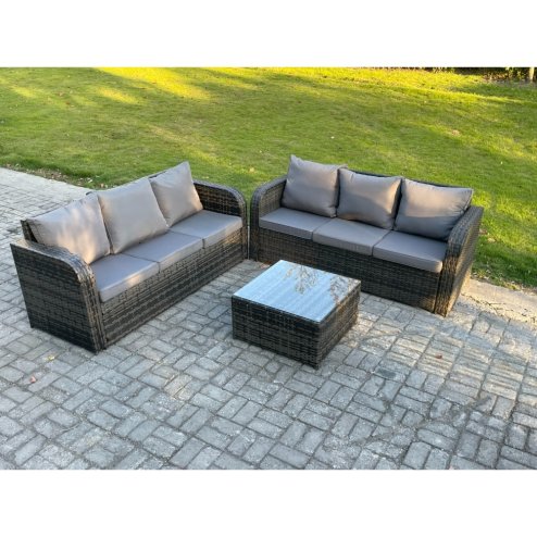 Fimous Indoor Outdoor Rattan Garden Furniture 6 Seater Set Table Sofa Chair Patio Conservatory with Grey Cushions