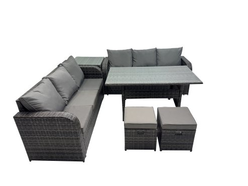 Fimous 8 Seat Outdoor Wicker PE Rattan Garden Furniture Set Dining Table Sofa Set with Side Table 2 Small Stools Dark Grey Mixed
