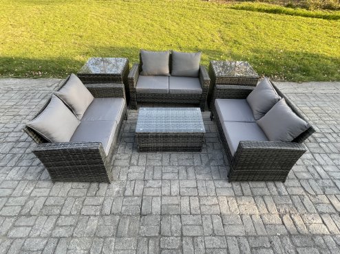 Fimous Dark Grey 6 Seater Outdoor Rattan Garden Furniture Set Patio Love Sofa Rectangular Coffee Table Set with 2 Side Tables