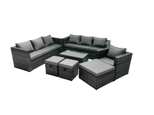 Fimous Rattan Garden Furniture Dining Set 10-seater Patio Coffee Table Sofa Set with 3 Stools Dark Grey Mixed