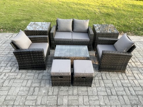 Fimous 6 Seater Dark Grey Outdoor Rattan Garden Furniture Set Patio Lounge Sofa Rectangular Coffee Table with 2 Side Table 2 Small Footstools