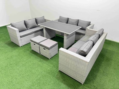 Fimous Patio Outdoor Garden Furniture Sets with Black Glass Top Dining Table 3 Seater Sofa 2 Small Stool Light Grey