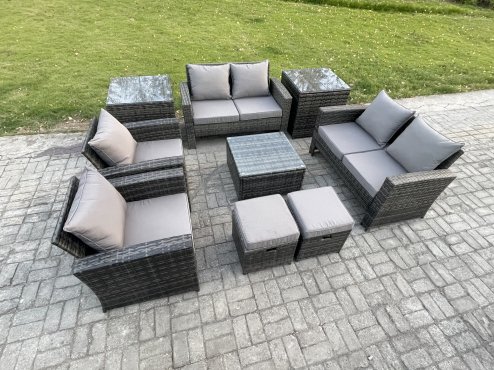 Fimous Outdoor Garden Furniture Sets 9 Pieces Wicker Rattan Furniture Manual Wicker Patio Sofa Patio Conversation Set with 2 Small Footstools 2 Side Tables Dark Grey Mixed