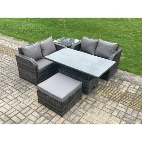 Fimous Outdoor Rattan Furniture Garden Dining Set Height Adjustable Rising lifting Table Love Sofa Set With Side Table Big Footstool Dark Grey Mixed