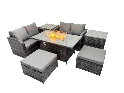 Fimous 6-seater Patio Gas Firpit Dining Table Sofa Sets Rattan Garden Furniture Dining Set with 2 Big Stools 2 Side Tables Dark Grey Mixed