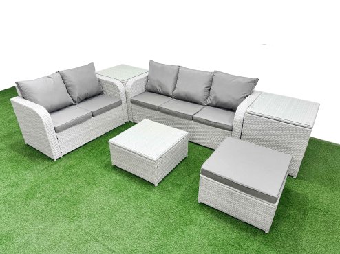 Fimous 6 Seater PE Rattan Wicker Garden Furniture Patio Conservatory Sofa Set with Square Coffee Table 3 Seater Sofa Love Sofa Big Footstool 2 Side Table