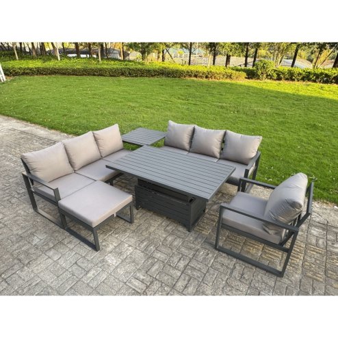Fimous Aluminium Garden Furniture Sets,8 Seater Outdoor Sofa Dining Set with Adjustable Rising Lifting Dining Table Big Footstool for Yard,Poolside, Patio, Dark Grey